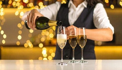 Champán sirviéndose en copa alta sobre fondo con luces brillantes en celebración sofisticada de noche