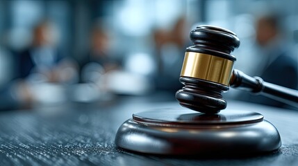 Gavel placed in boardroom with blurred figures in background, corporate decision-making and legal compliance