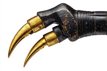 Close-up of a vintage claw tool showcasing intricate details and worn textures against a plain background