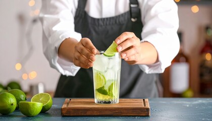Persona agitando cóctel tropical con ingredientes cítricos y menta en un bar con iluminación cálida