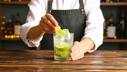Barman preparando un cóctel con lima fresca, hielo y hierbabuena sobre barra de madera en ambiente de bar elegante