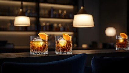 Elegant Whiskey Cocktails at a dimly lit Bar