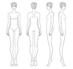 Fashion outline sketch croquis figurines front side back view with short hair woman in vector.