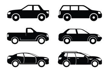 Fototapeta premium Car Vector Set: A sleek collection of black and white car icons, offering a diverse range of vehicle styles from sedans to SUVs, perfect for any transportation or design project.