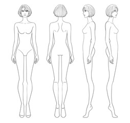 Fashion outline sketch croquis figurines front side back view with short bob hair woman in vector.