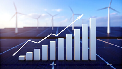 White 3 D Bar Graph Rising Against Blurred Background of Solar Panels and Wind Turbines Under a Bright Sky