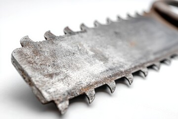 Close-up of a weathered hand saw showcasing its serrated edge and metallic texture against a white background