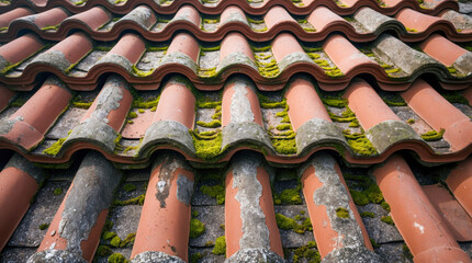 An old, weathered roof with curved terracotta tiles. Bright green moss grows in the gaps, creating a textured pattern of decay and natural beauty.
