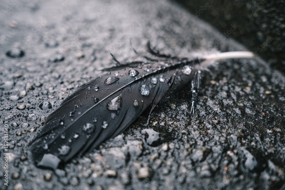 Poster close-up of a wet black feather resting on a textured surface with droplets in a natural setting