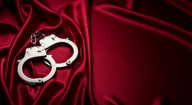 A pair of silver metal handcuffs rest on smooth red satin fabric, symbolizing themes of intimacy, sensuality, and fantasy. The image evokes a bold and provocative atmosphere.
