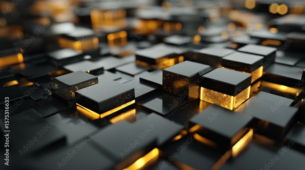 Poster abstract dark background with illuminated geometric blocks and shine effect