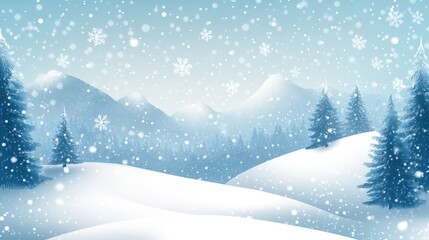 Winter landscape illustration with snowy mountains and trees