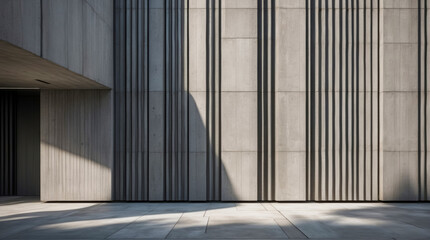 A modern concrete facade with vertical grooves, creating a rhythmic play of light and shadow. The minimalist, geometric design exudes a strong, brutalist aesthetic.