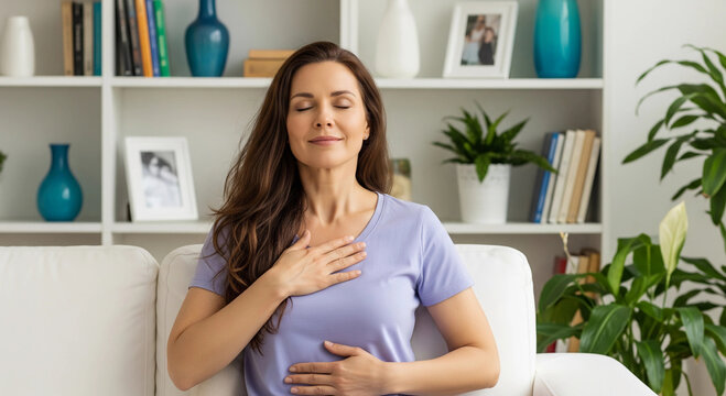 A peaceful woman practices mindful breathing at home, placing hands on her chest and abdomen. She is calm and centered, promoting relaxation, stress relief, and emotional well-being.
- Powered by Adobe