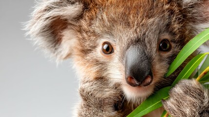 Fototapeta premium Adorable Young Koala Bear Holding Green Eucalyptus Leaf with Big Brown Eyes