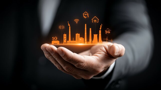Hand Holding Futuristic Smart City and Industrial Icons Representing Technology Integration