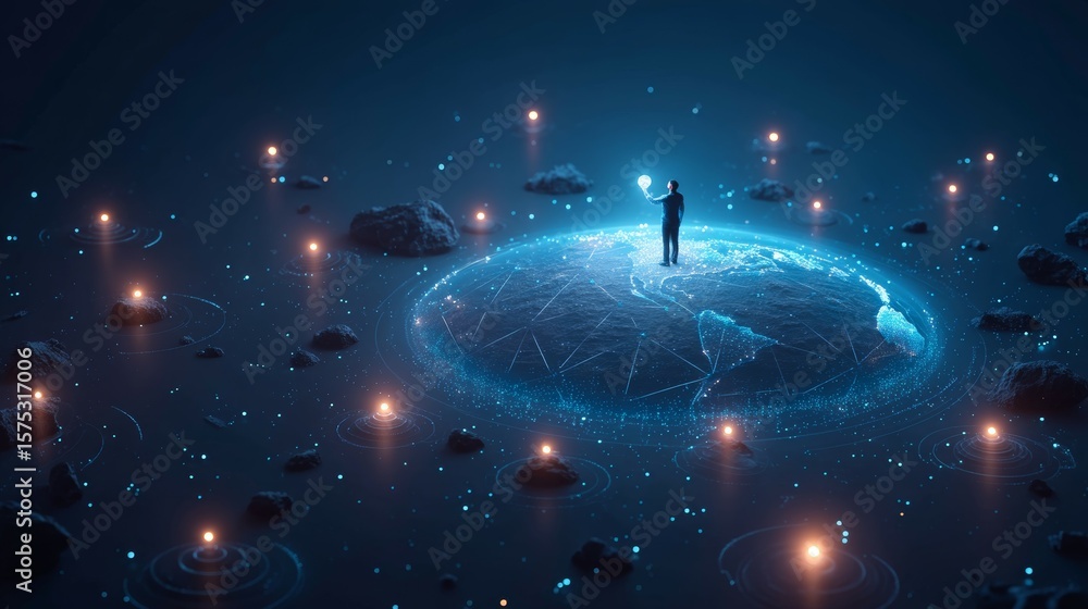 Poster individual interacting with digital globe surrounded by lights and abstract elements