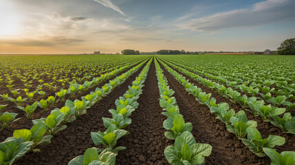 Rows of young cabbage plants stretch across a field at sunset, showcasing agricultural cultivation