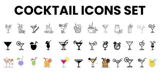 Cocktail Icons Set – Mixed Drink Vector Collection in Outline, Solid, and Color Styles for Bar, Restaurant, and Party Design Projects