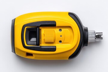 Close-up of a yellow power tool with detailed features, set against a plain background for clarity