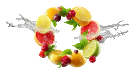 Vibrant fruit splash PNG featuring juicy citrus slices, raspberries, cranberries, and water splash in a circular shape. Ideal for drink labels, summer ads, product packaging. Transparent background