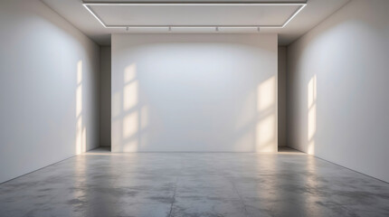 A minimalist art gallery with a large blank wall, concrete floor, and modern lighting. Soft sunlight casts shadows, creating a serene and empty space.