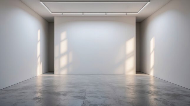 A minimalist art gallery with a large blank wall, concrete floor, and modern lighting. Soft sunlight casts shadows, creating a serene and empty space.