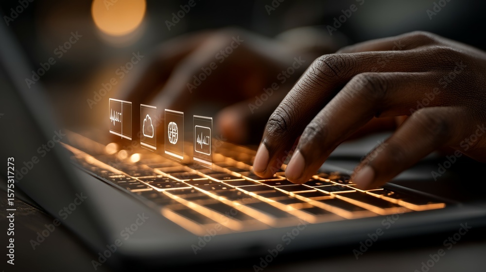 Poster hands typing on a laptop with digital icons above the keyboard in a modern workspace