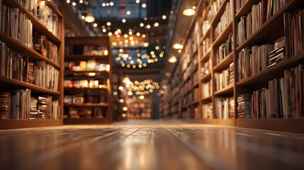 Serene atmosphere of a cozy library filled with book-lined shelves and warm inviting lights creating a sense of