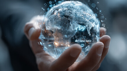 Futuristic Hand Holding a 3D Globe with Digital Interface Representing Africa