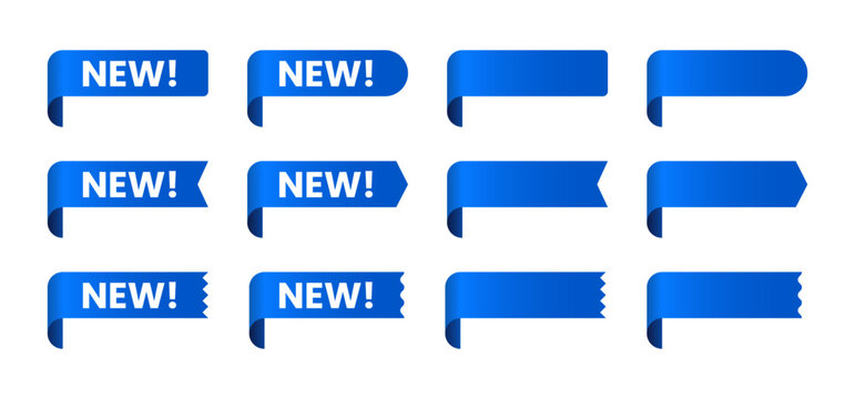 Blue New Label Ribbon Set. Blank Blue Label Ribbon Set. Vector New Tag Badge Banner Collection