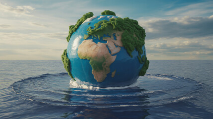 A vibrant earth globe with green continents rises from the rippling ocean under a cloudy sky