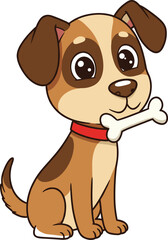 Cute cartoon puppy dog with bone, adorable sitting pet illustration, playful animal character for kids, vector clipart design