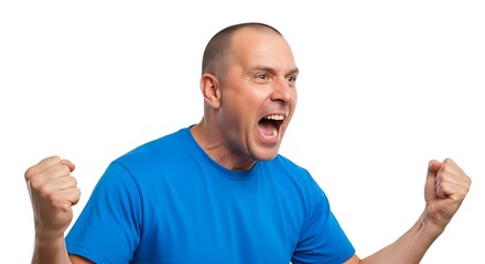Man in blue shirt with bald head screaming and raising fists in celebration