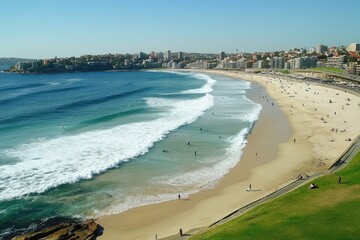 Stunning aerial view of Bondi Beach showcasing ocean waves and beachgoers in Sydney, Australia, Sydney Australia Bondi beach aerial view Ocean waves and surfers on sea waves