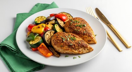 Two chicken breasts served with grilled vegetables on a white plate setting