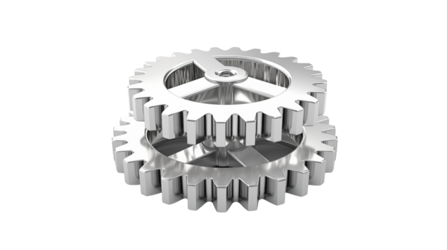 A close up of two interlocking metal gears with a black background in a studio shot for mechanics