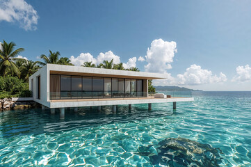 Tropical Luxury Villa Above Crystal Water with Sunset Light and Ocean Reflections