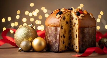 Festive panettone cake with christmas ornaments and bokeh lights background