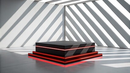 Modern minimalist stage with black podium and red neon lights against a backdrop of diagonal light and shadow patterns
