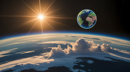 The earth and sun shine brightly in space, highlighting the beauty and fragility of our planet