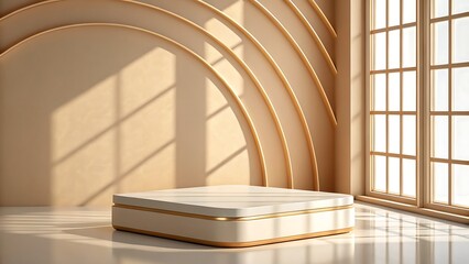 Modern minimalist stage with a square podium and arched wall design illuminated by natural window light