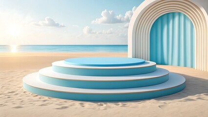 Modern tiered stage on a sandy beach with ocean and sky backdrop and architectural archway