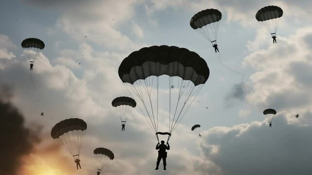 Paratroopers Descending from Sky: Dramatic Airborne Military Exercise.