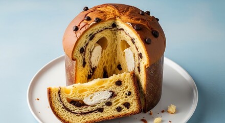 Close up of a sliced panettone cake with chocolate chips on a white plate