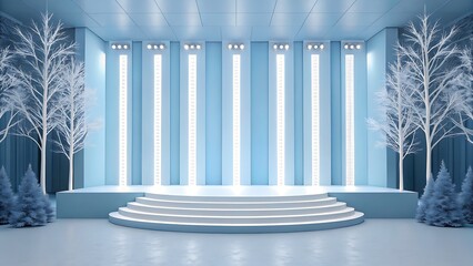 Modern stage with frosted trees and tiered steps illuminated by spotlights in a cool blue winter theme