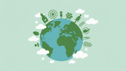 A stylized illustration of the earth with environmental icons, symbolizing sustainability and global awareness
