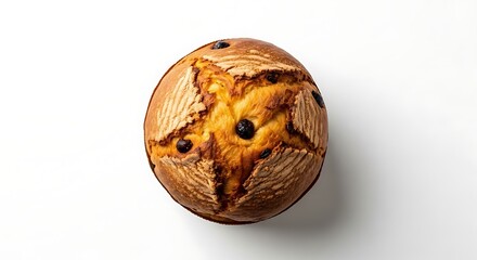 Overhead view of a baked panettone with raisins on a white background plain