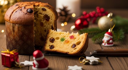 A sliced panettone with christmas decorations on a wooden table surface view