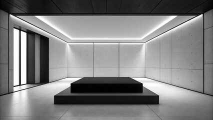 Modern minimalist interior with a black podium on a polished concrete floor and bright ambient lighting
